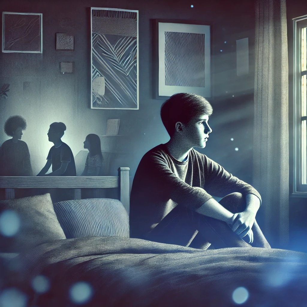 A thoughtful and poignant scene featuring a teenager sitting alone on a bed in a dimly lit room, looking out the window with a distant, being reflective